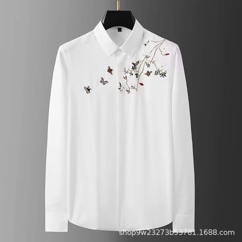 Chinese style embroidered white shirt men's long-sleeved autumn iron-free slim trend shirt casual shirt