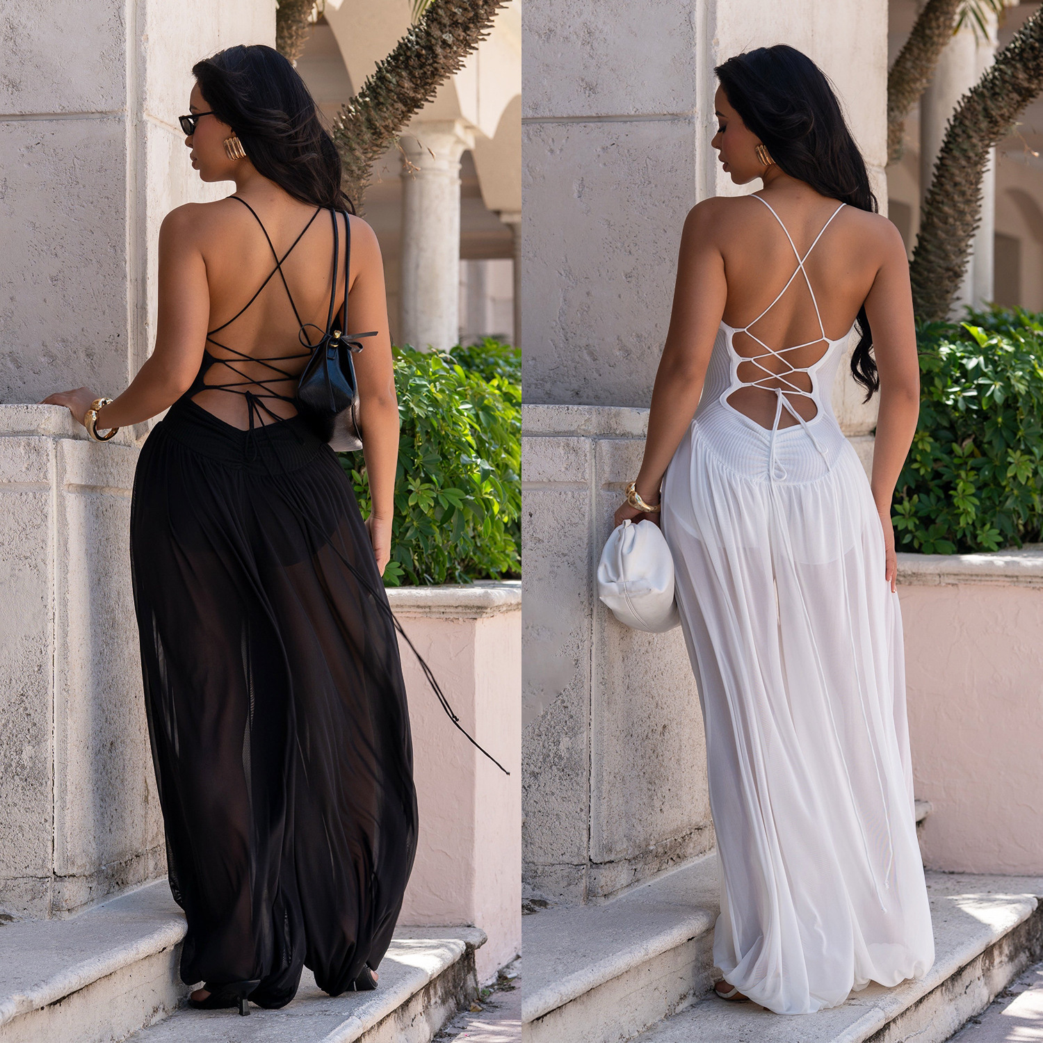 Summer Women's Spaghetti Strap Mesh Patchwork Jumpsuit Sleeveless Backless Bandage Playsuit Casual Sexy V Neck Holiday Bodysuit