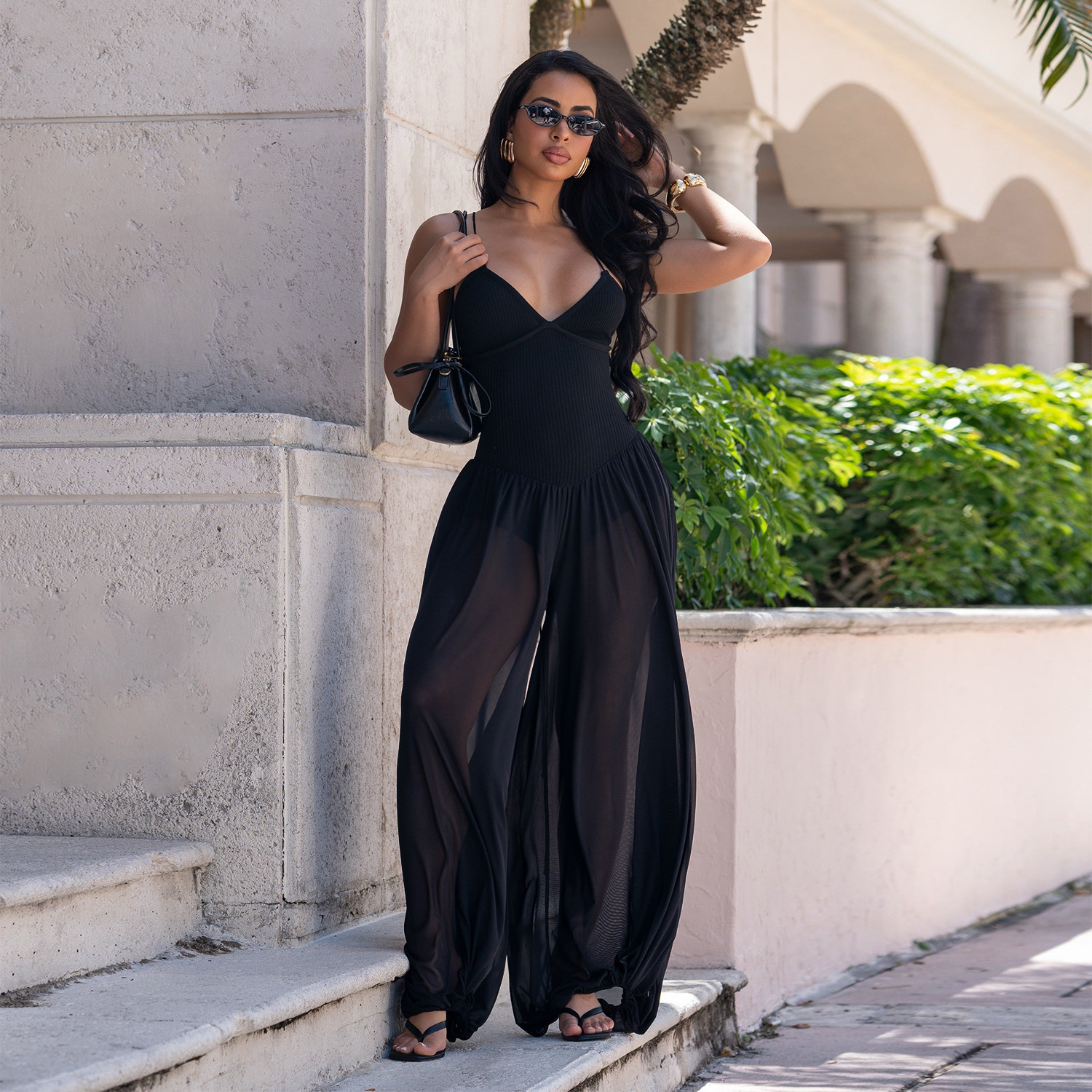 Summer Women's Spaghetti Strap Mesh Patchwork Jumpsuit Sleeveless Backless Bandage Playsuit Casual Sexy V Neck Holiday Bodysuit