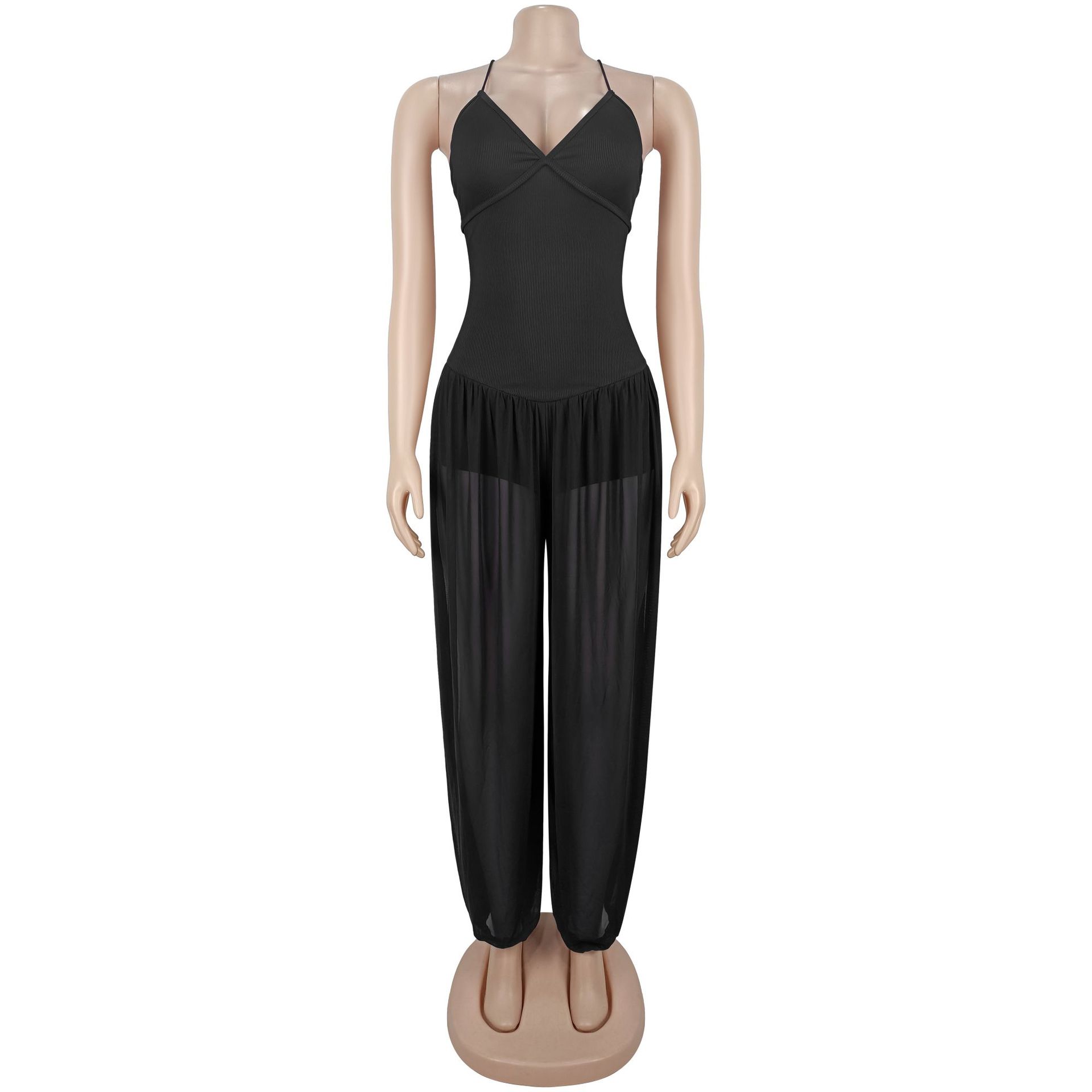 Summer Women's Spaghetti Strap Mesh Patchwork Jumpsuit Sleeveless Backless Bandage Playsuit Casual Sexy V Neck Holiday Bodysuit