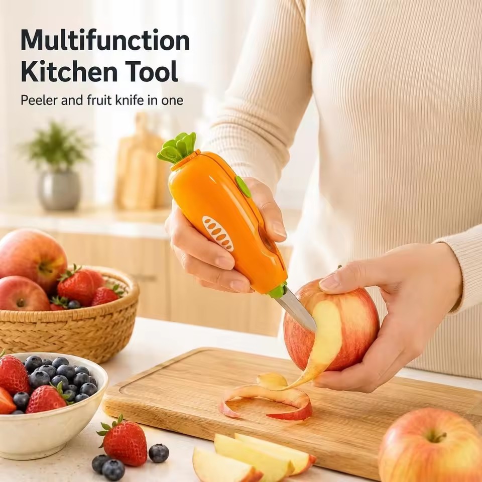 2 in 1 Vegetable Fruit Peeler Carrot Shape Potato Peeler with Fruit Knife Portable Kitchen Peeling Tool for Carrot Potato Fruit