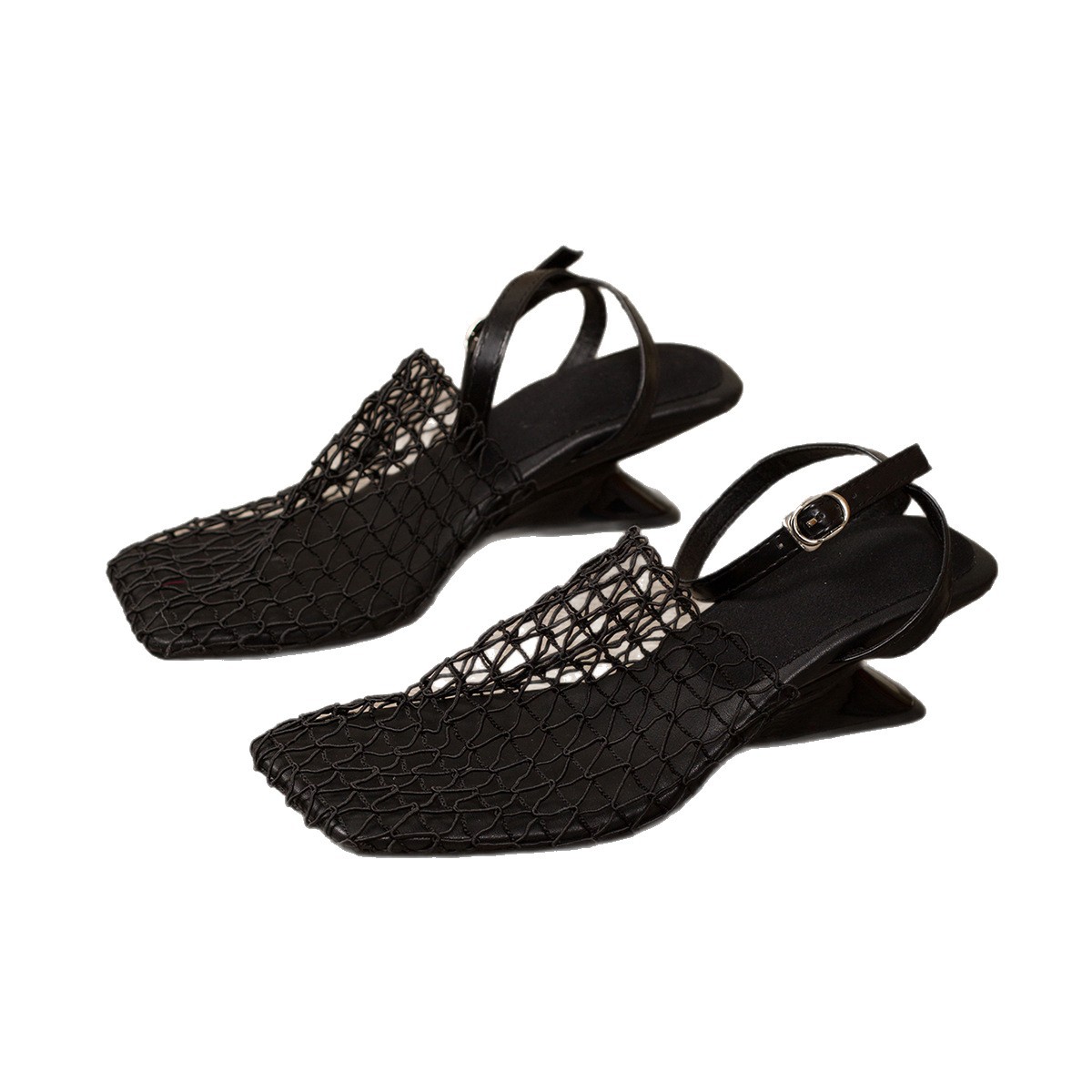 Ladies' high-heeled sandals new year, new Chinese style retro woven hollow square toe, sloping heel, increasing height