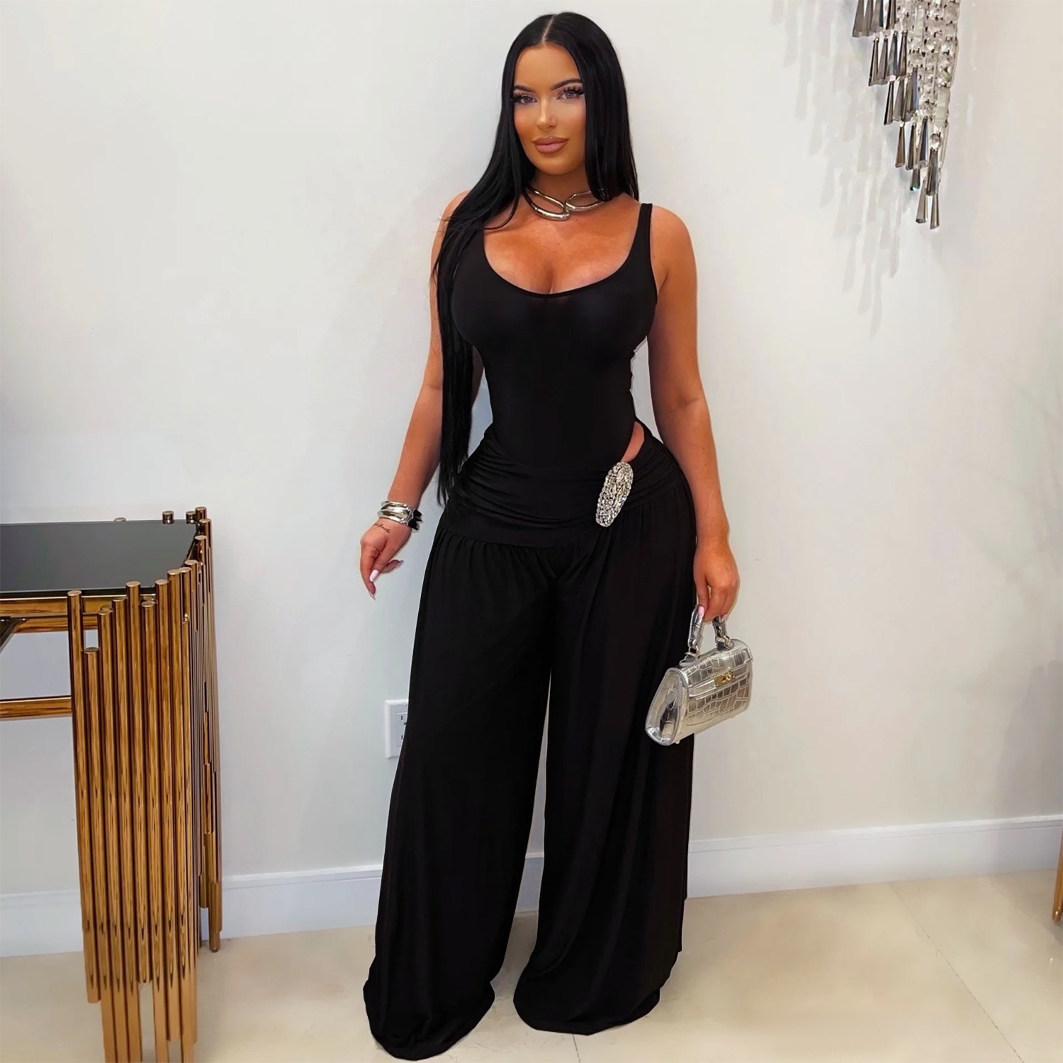 2026 Solid Color Jumpsuits Women Streetwear U-Neck High Waist Slim Wide Leg Pants Sexy Spice Casual Jumpsuit Y2K