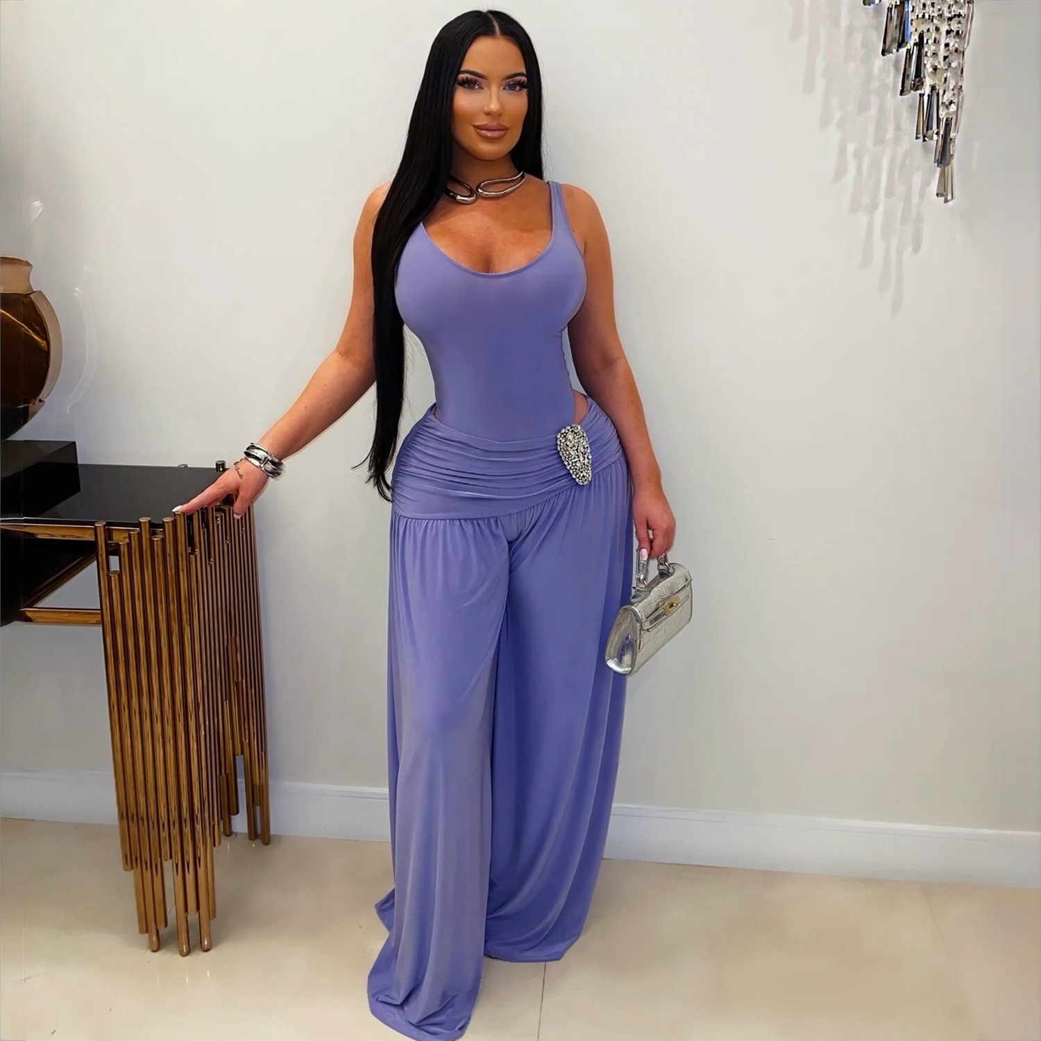 2026 Solid Color Jumpsuits Women Streetwear U-Neck High Waist Slim Wide Leg Pants Sexy Spice Casual Jumpsuit Y2K