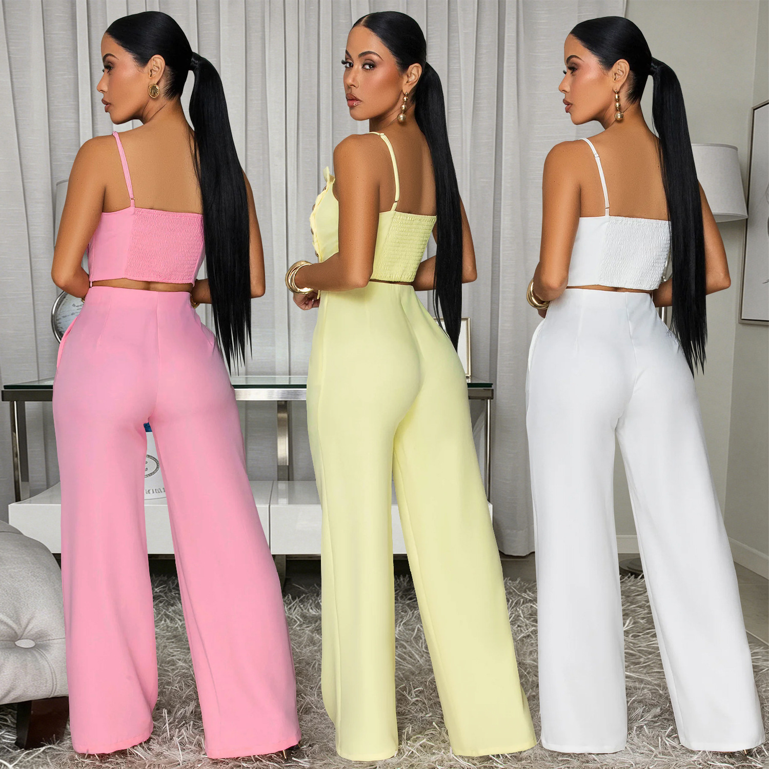 2 Piece Matching Set Women Solid Ruched Metal Buckle Cami Top Wide Leg Pants 2026 New