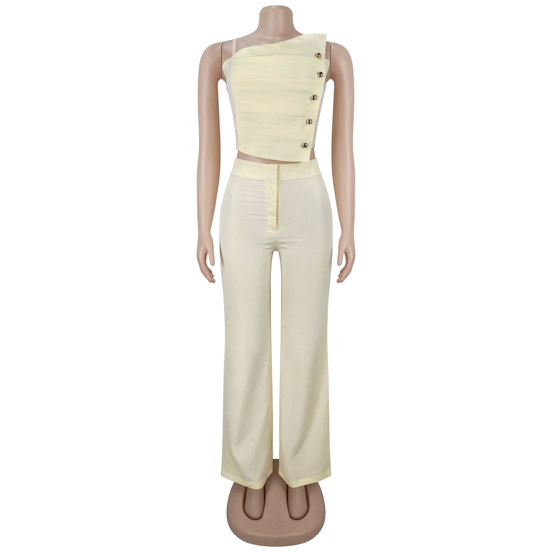 2 Piece Matching Set Women Solid Ruched Metal Buckle Cami Top Wide Leg Pants 2026 New