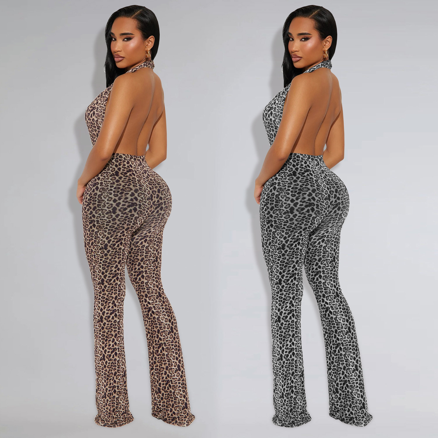 Women's Fashionable and Sexy Hot Girl Hanging Neck Tie Tight Print Leopard Print Backless Hip Lifting Jumpsuit