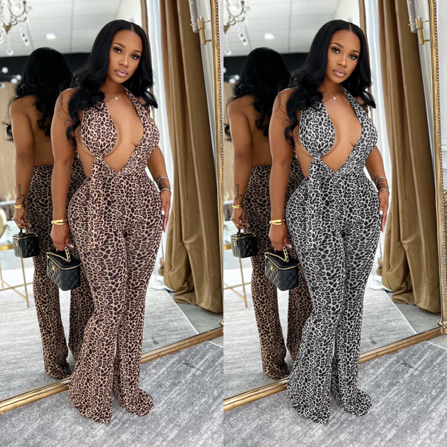 Women's Fashionable and Sexy Hot Girl Hanging Neck Tie Tight Print Leopard Print Backless Hip Lifting Jumpsuit