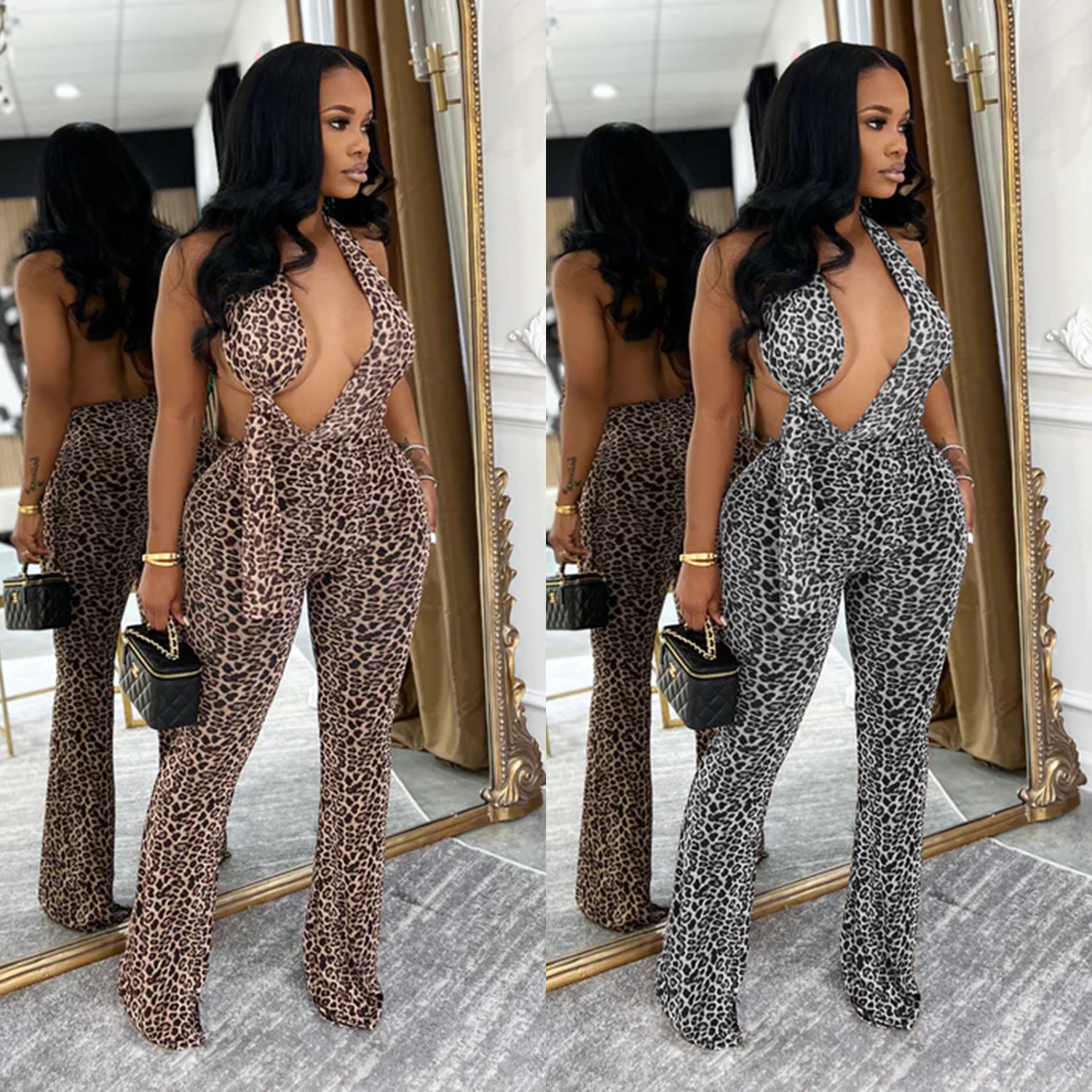 Women's Fashionable and Sexy Hot Girl Hanging Neck Tie Tight Print Leopard Print Backless Hip Lifting Jumpsuit