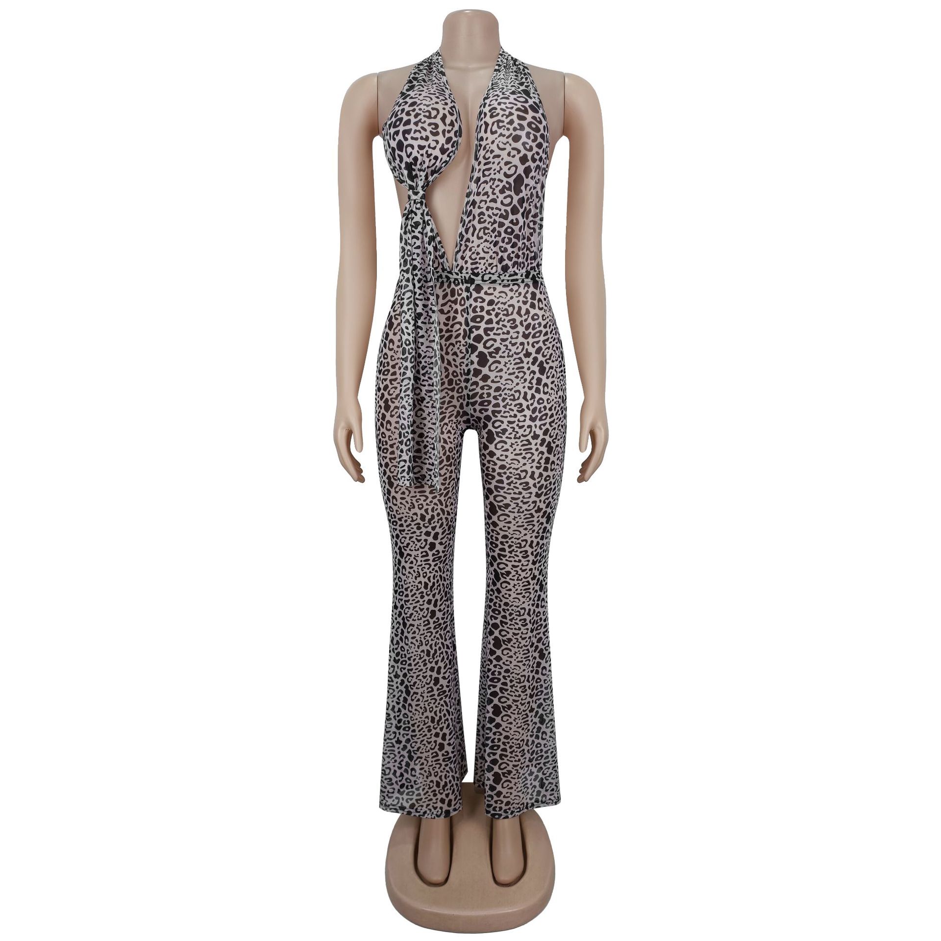 Women's Fashionable and Sexy Hot Girl Hanging Neck Tie Tight Print Leopard Print Backless Hip Lifting Jumpsuit