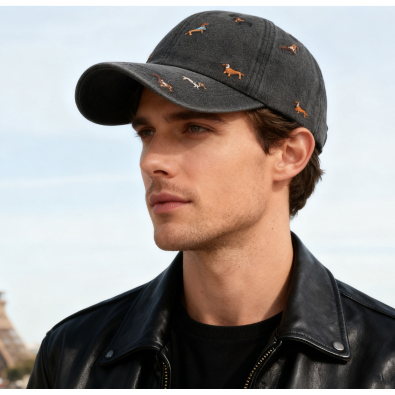 Outdoor Washable Soft-Top Baseball Cap with Embroidered Puppy Design Vintage Street Style Distressed Duckbill Cap for Women