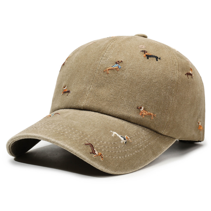 Outdoor Washable Soft-Top Baseball Cap with Embroidered Puppy Design Vintage Street Style Distressed Duckbill Cap for Women