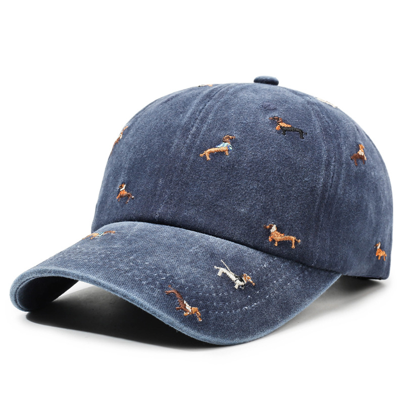 Outdoor Washable Soft-Top Baseball Cap with Embroidered Puppy Design Vintage Street Style Distressed Duckbill Cap for Women