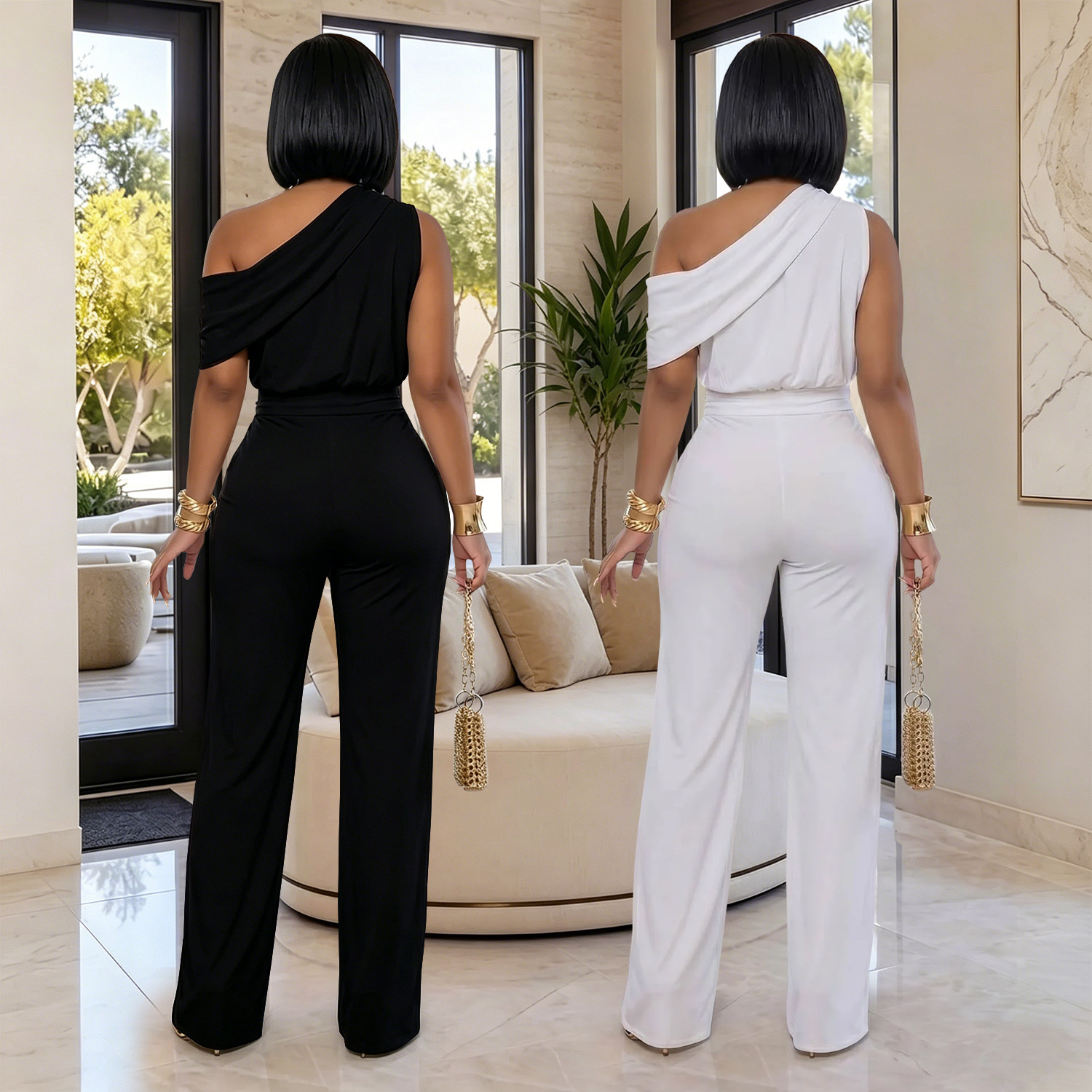 Elegant One Shoulder Skew Neck Women's Jumpsuits and Rompers Sleeveless Ruched Party One Piece Club Outfits Overalls with Sashes