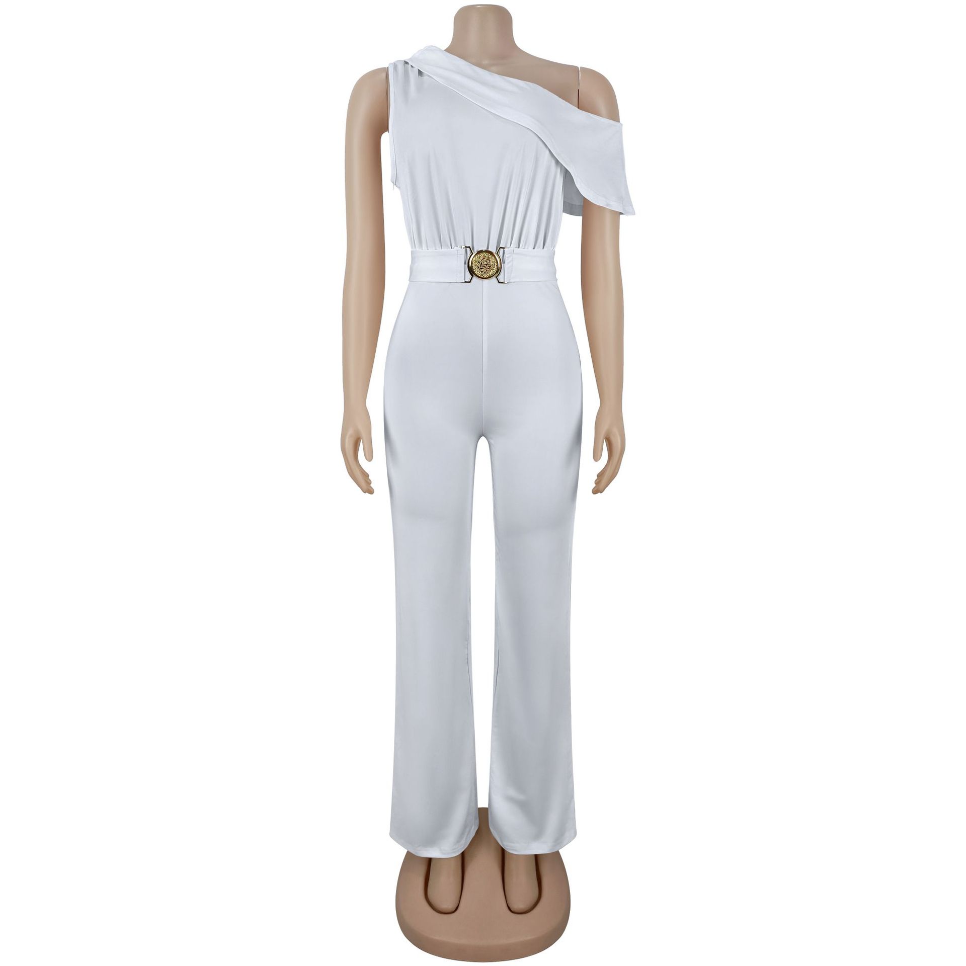 Elegant One Shoulder Skew Neck Women's Jumpsuits and Rompers Sleeveless Ruched Party One Piece Club Outfits Overalls with Sashes