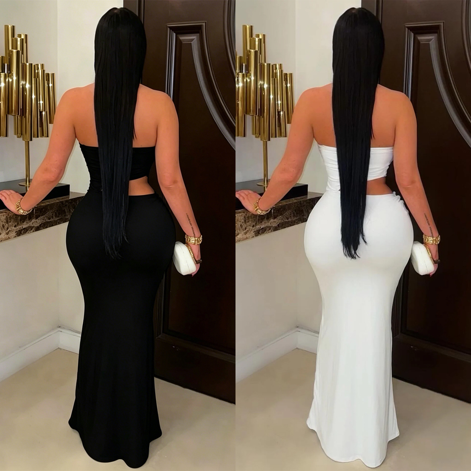 Sexy Strapless Party Dress Woman for Birthday Cut Out Sheath Slim Club Wear Night Out Bodycon Long Dress Vestidos Elegantes