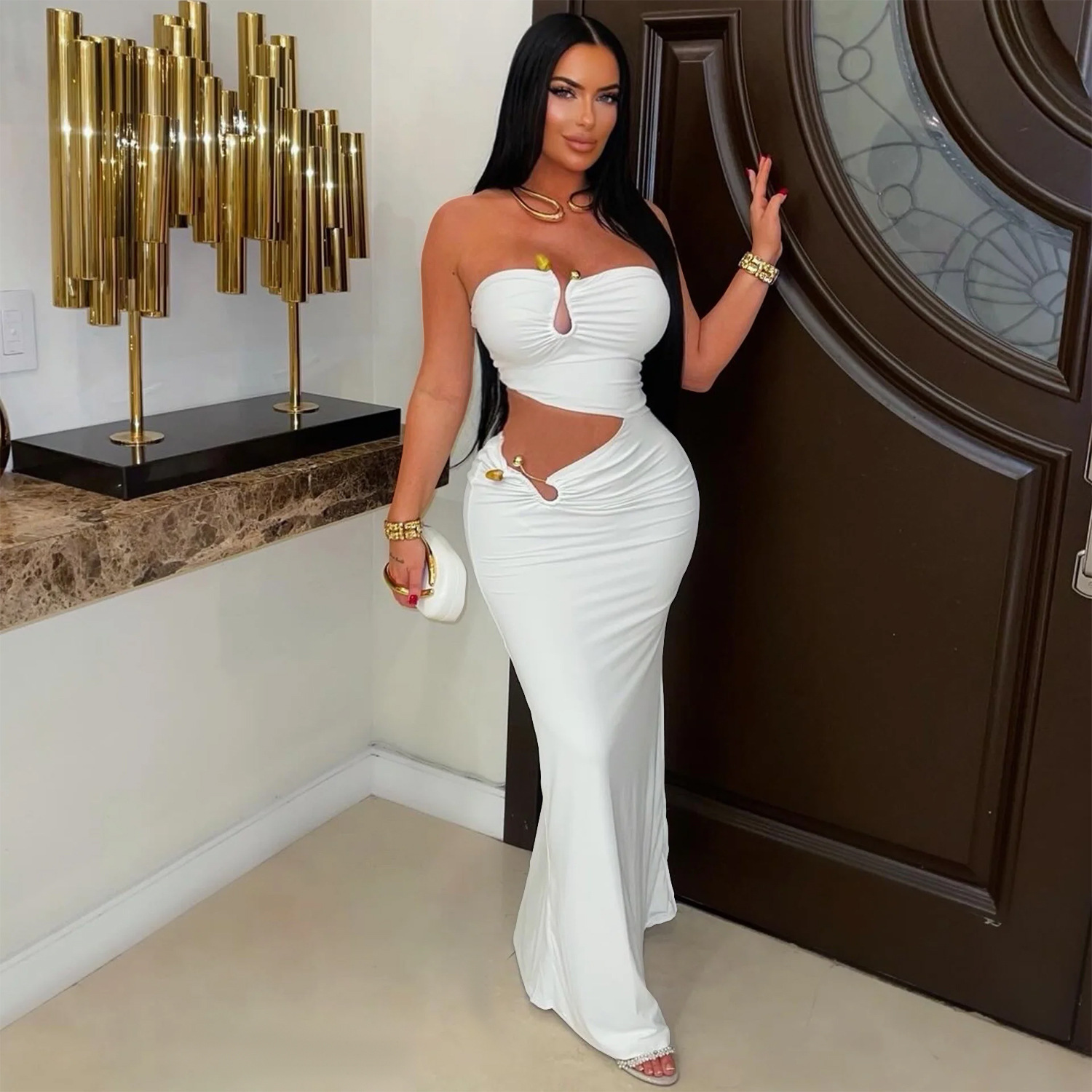 Sexy Strapless Party Dress Woman for Birthday Cut Out Sheath Slim Club Wear Night Out Bodycon Long Dress Vestidos Elegantes