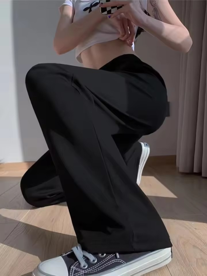 Spring Summer Women Ankle-Length Wide Leg Pants Casual Elastic Waist Loose Ice Silk Pants Trousers Sweatpants Female Clothing