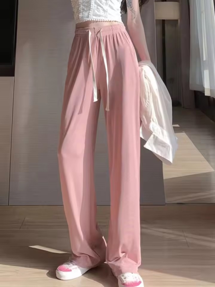 Spring Summer Women Ankle-Length Wide Leg Pants Casual Elastic Waist Loose Ice Silk Pants Trousers Sweatpants Female Clothing