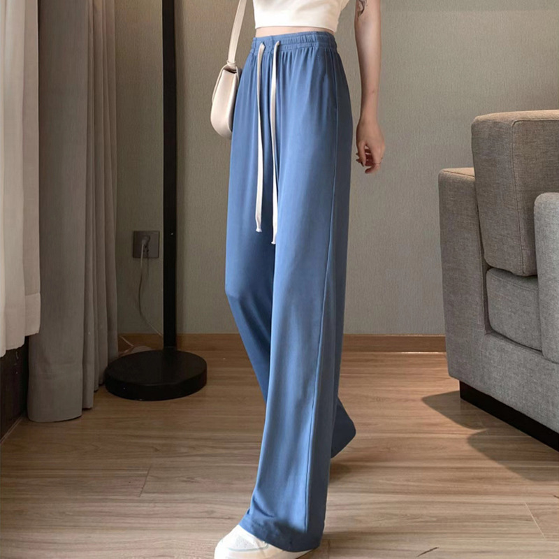 Spring Summer Women Ankle-Length Wide Leg Pants Casual Elastic Waist Loose Ice Silk Pants Trousers Sweatpants Female Clothing