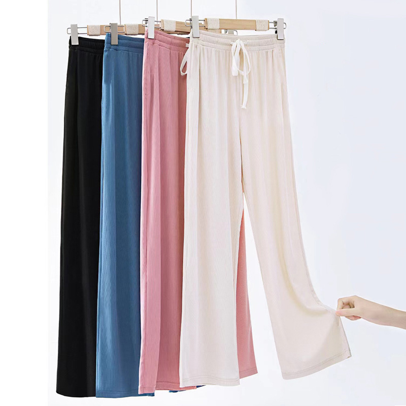 Spring Summer Women Ankle-Length Wide Leg Pants Casual Elastic Waist Loose Ice Silk Pants Trousers Sweatpants Female Clothing