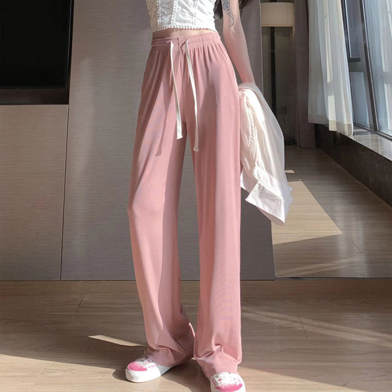 Spring Summer Women Ankle-Length Wide Leg Pants Casual Elastic Waist Loose Ice Silk Pants Trousers Sweatpants Female Clothing