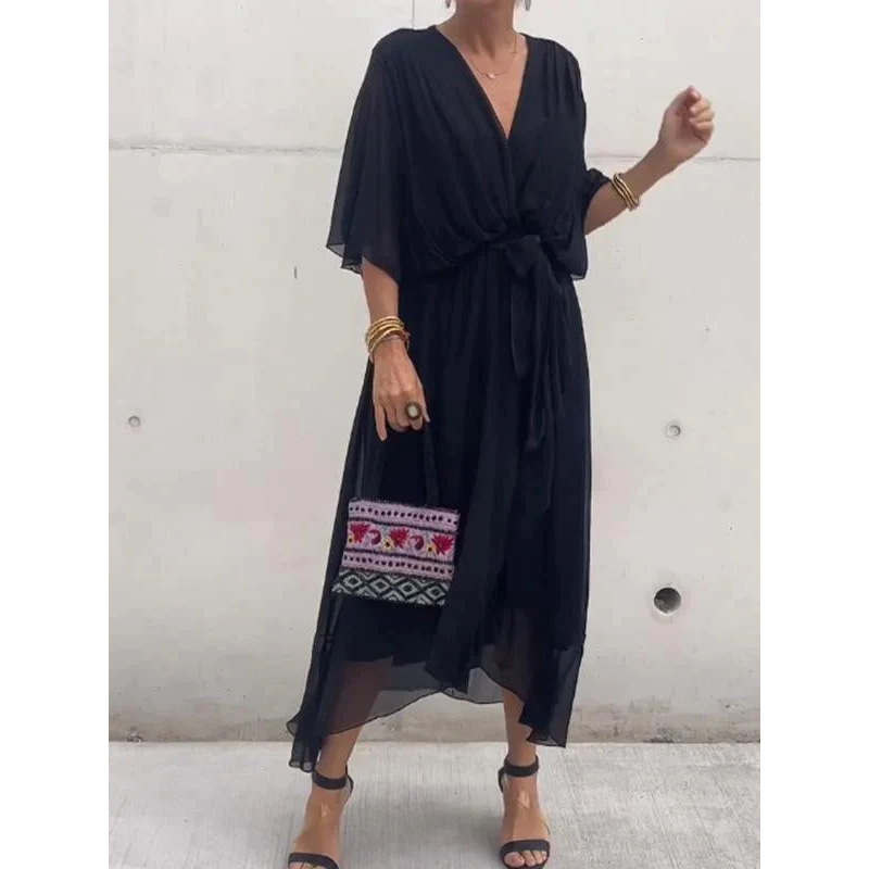 Solid color, lace-up, long-sleeved, asymmetrical maxi dress in plus size