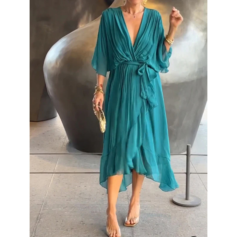 Solid color, lace-up, long-sleeved, asymmetrical maxi dress in plus size