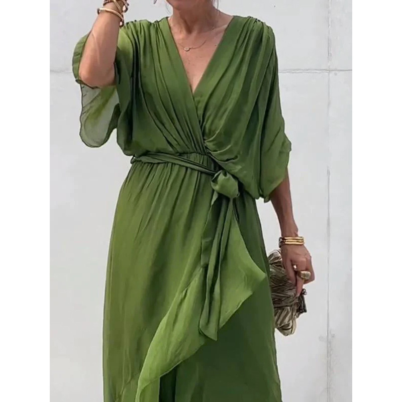 Solid color, lace-up, long-sleeved, asymmetrical maxi dress in plus size