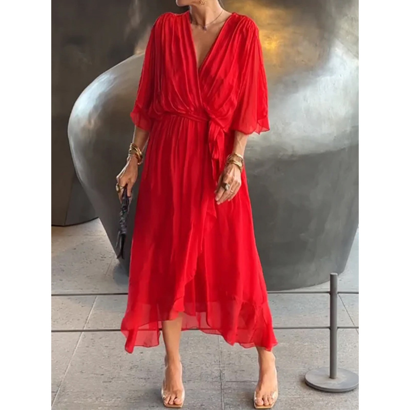 Solid color, lace-up, long-sleeved, asymmetrical maxi dress in plus size