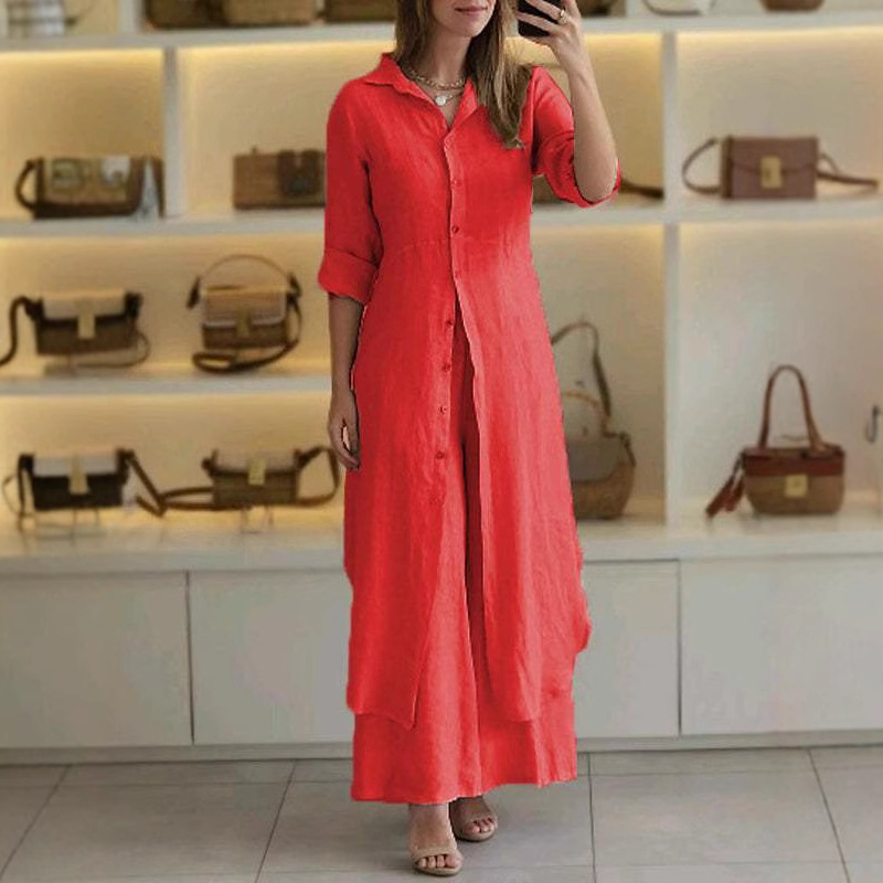 New Summer and Autumn Slim-Fitting Waist-Cinching Long Sleeve Shirt and Wide Leg Pants Set for Women