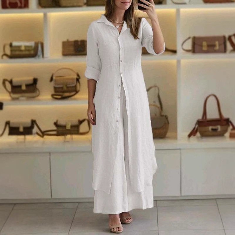 New Summer and Autumn Slim-Fitting Waist-Cinching Long Sleeve Shirt and Wide Leg Pants Set for Women