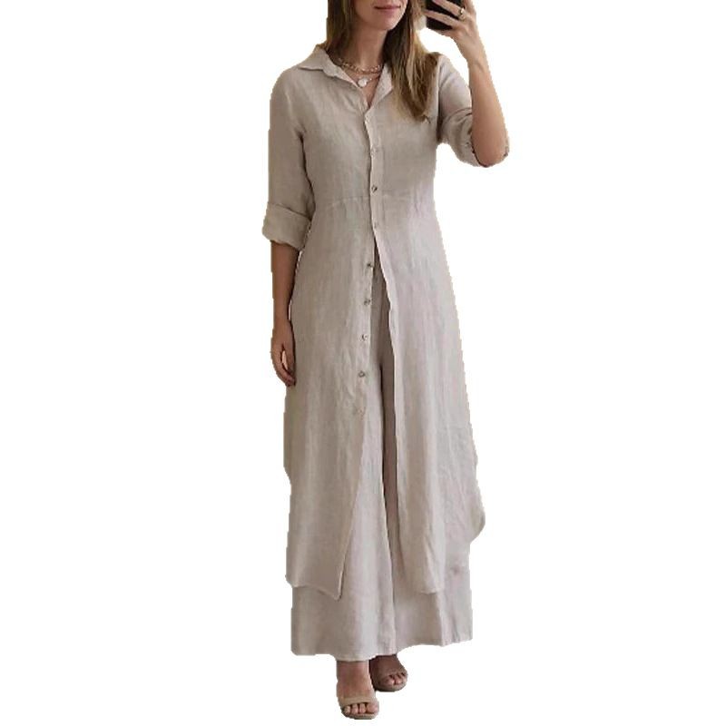 New Summer and Autumn Slim-Fitting Waist-Cinching Long Sleeve Shirt and Wide Leg Pants Set for Women