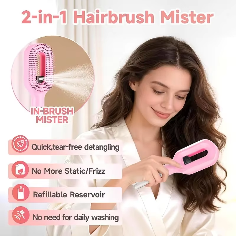 2in1 Spray Hair Brush Detangling Scalp Massage Comb with Water Mist Spray Anti-static Smooth Hair Styling Tool for Home & Travel