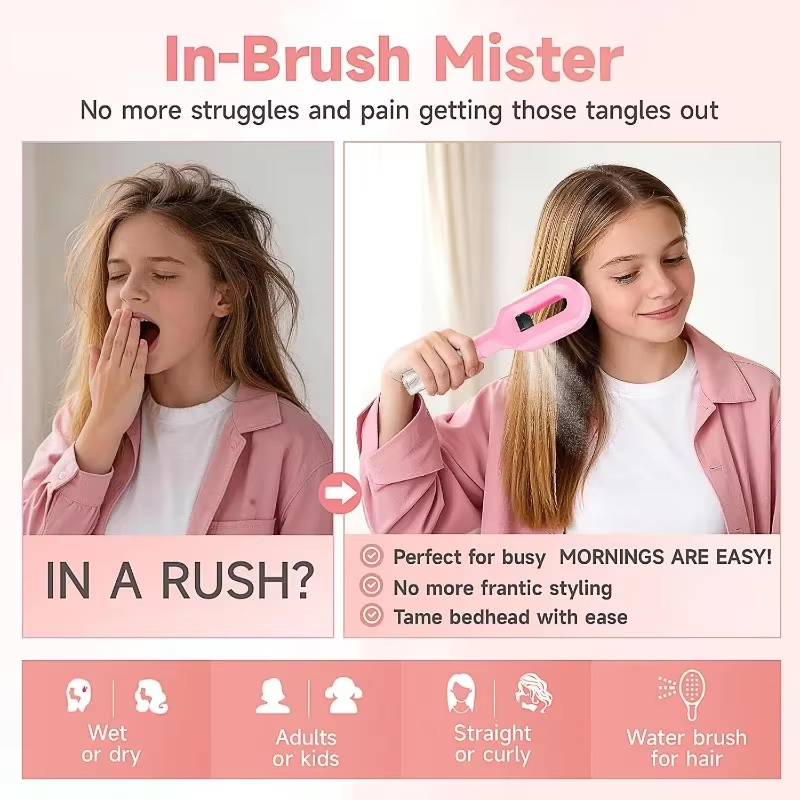 2in1 Spray Hair Brush Detangling Scalp Massage Comb with Water Mist Spray Anti-static Smooth Hair Styling Tool for Home & Travel