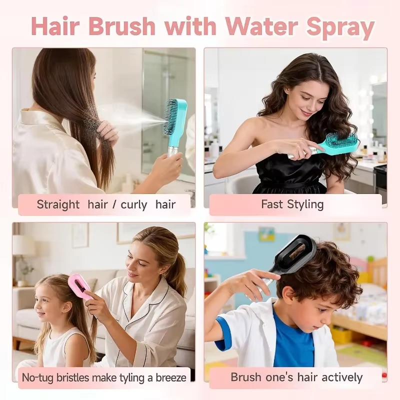 2in1 Spray Hair Brush Detangling Scalp Massage Comb with Water Mist Spray Anti-static Smooth Hair Styling Tool for Home & Travel