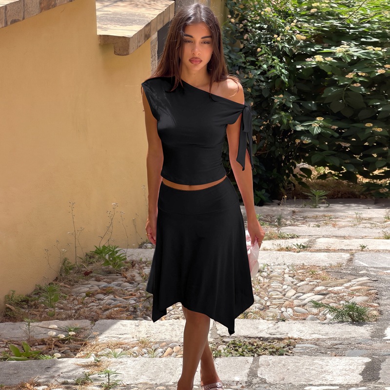 Free delivery of high-quality 2026 new summer women's clothing hot selling collar, lace up short sleeved top, skirt