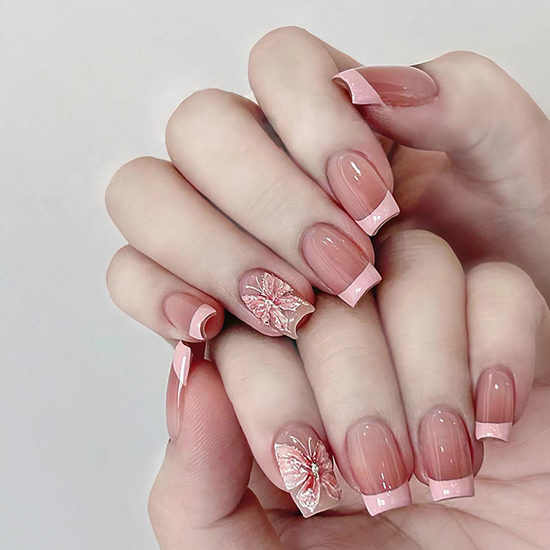 24Pcs French False Nails Almond Fake Nails with Glue Press on White Edge Design Wearable Simple Ins Pink Stiletto Nail Tips