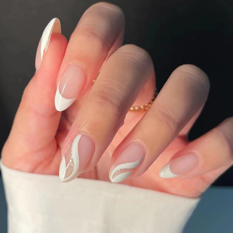 24Pcs French False Nails Almond Fake Nails with Glue Press on White Edge Design Wearable Simple Ins Pink Stiletto Nail Tips