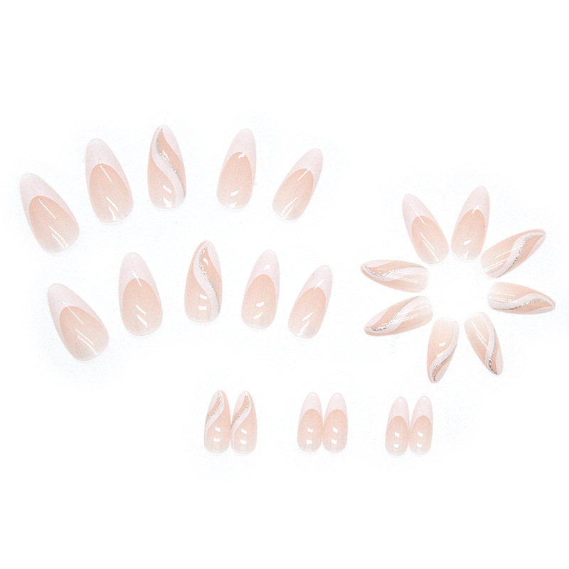 24Pcs French False Nails Almond Fake Nails with Glue Press on White Edge Design Wearable Simple Ins Pink Stiletto Nail Tips