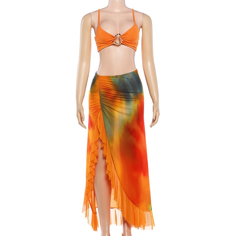 Beach Style Ruched 2 Piece Set Woman Summer Trend Metal Bucket Backless Crop Tops+Tie-Dye Print Mesh Ruffles Skirts Suits