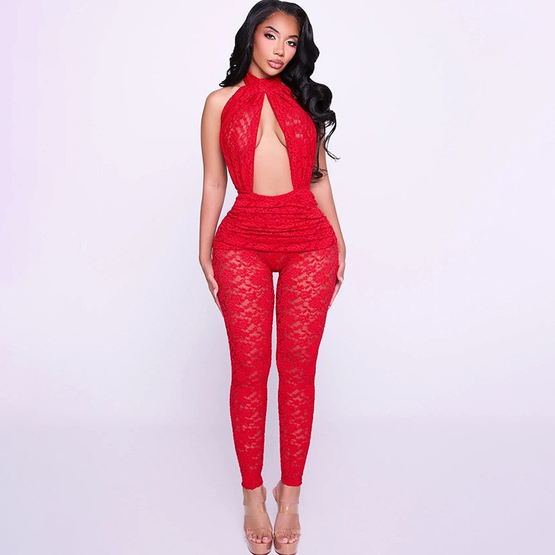 Hollow Jumpsuit Women Backless Halter Jacquard Sexy Trend Sleeveless Stretch Midnight Clubwear Patchwork Overalls