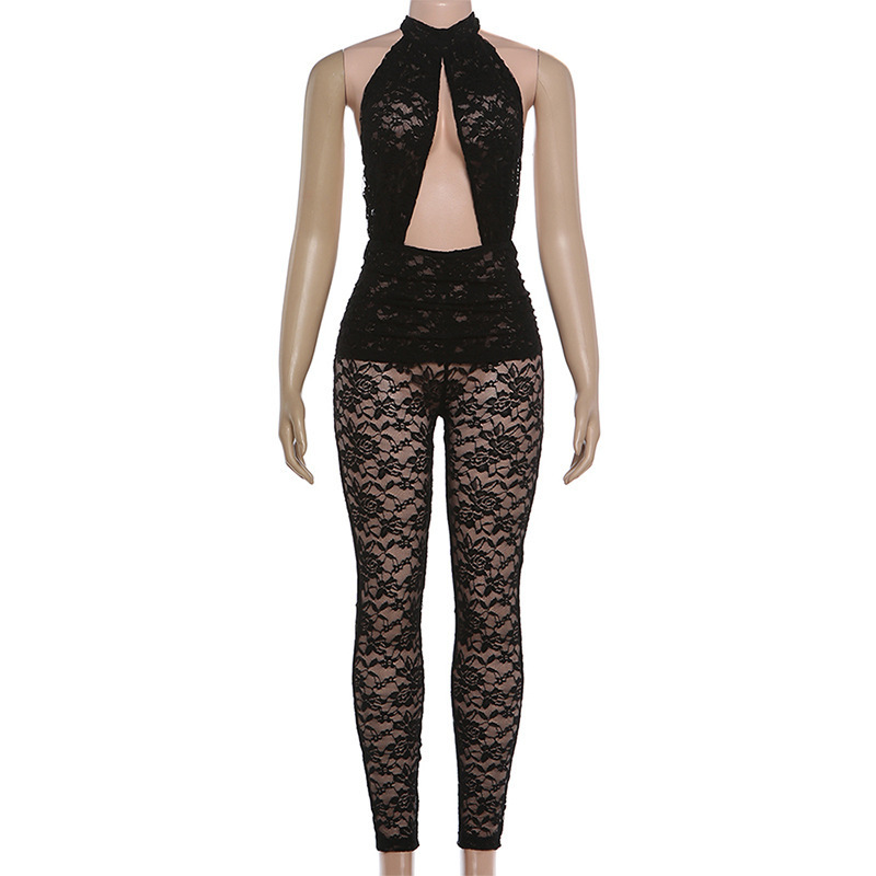 Hollow Jumpsuit Women Backless Halter Jacquard Sexy Trend Sleeveless Stretch Midnight Clubwear Patchwork Overalls