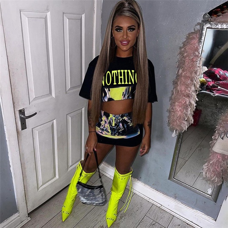 Street Style Print Two Pieces Set Women Casual Crew Neck Bare Midriff Crop Tops + Mini Hip Skirt Ladies Trendy Streetwear