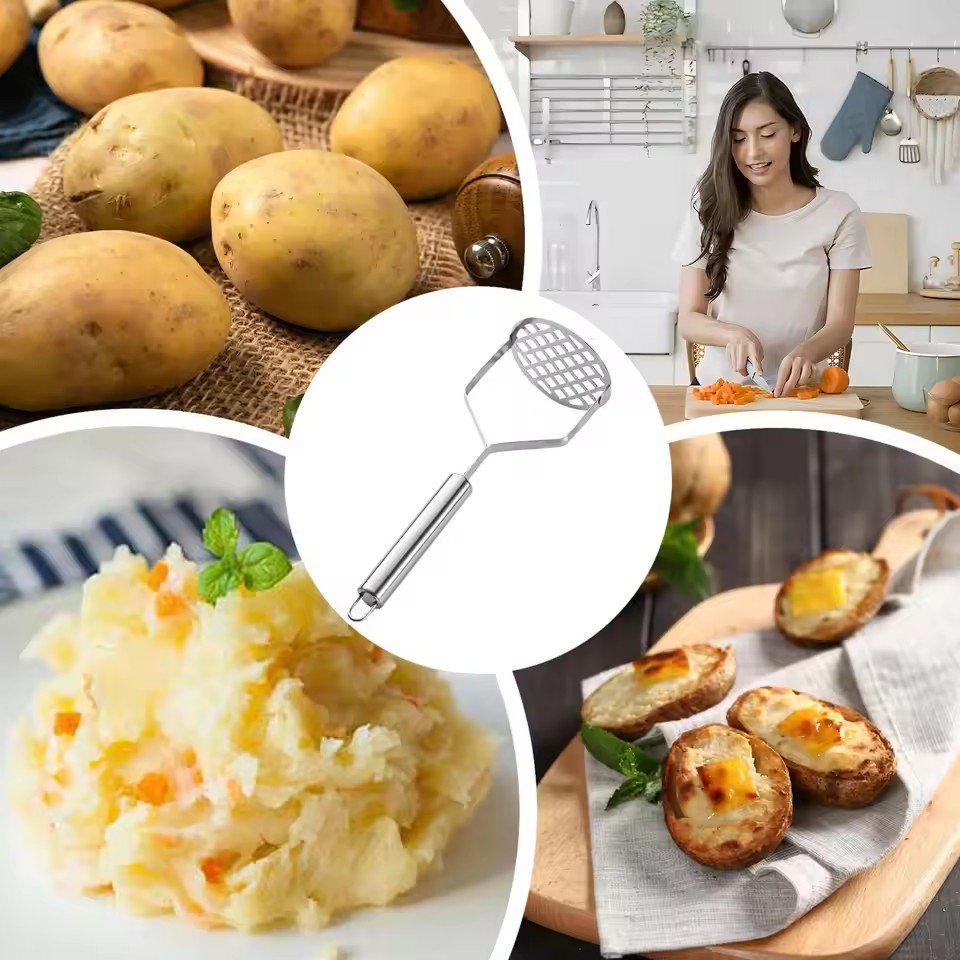 Mash Potatoes Masher Manual Stainless Steel Food Masher Heavy-Duty Mashing Utensil Kitchen Gadget Manual Potatoes Ricer for Bean