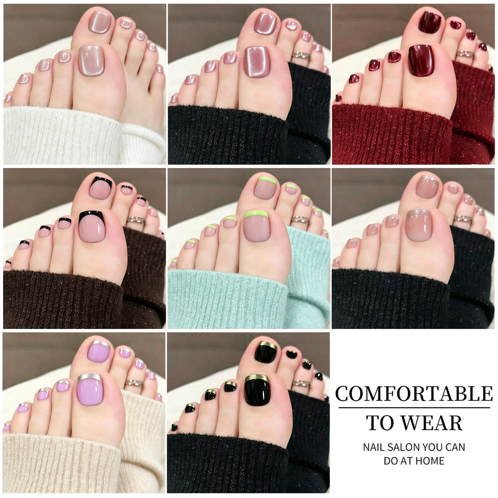 96pcs/Box French/Cat Eye Toe Nail Stickers Y2K Square Nail Tips Toe Press On Nails Pre-Designed Soft Gel Thickened Fake Toenails