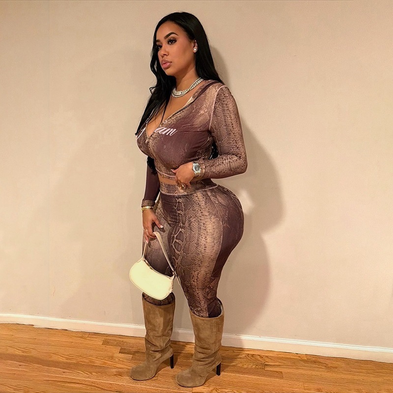Fashion Letter Snake Print Tracksuit 2-Piece Set Woman Zip Slim Fit Crop Jackets+Pants Fall Stretch Streetwear Outfits