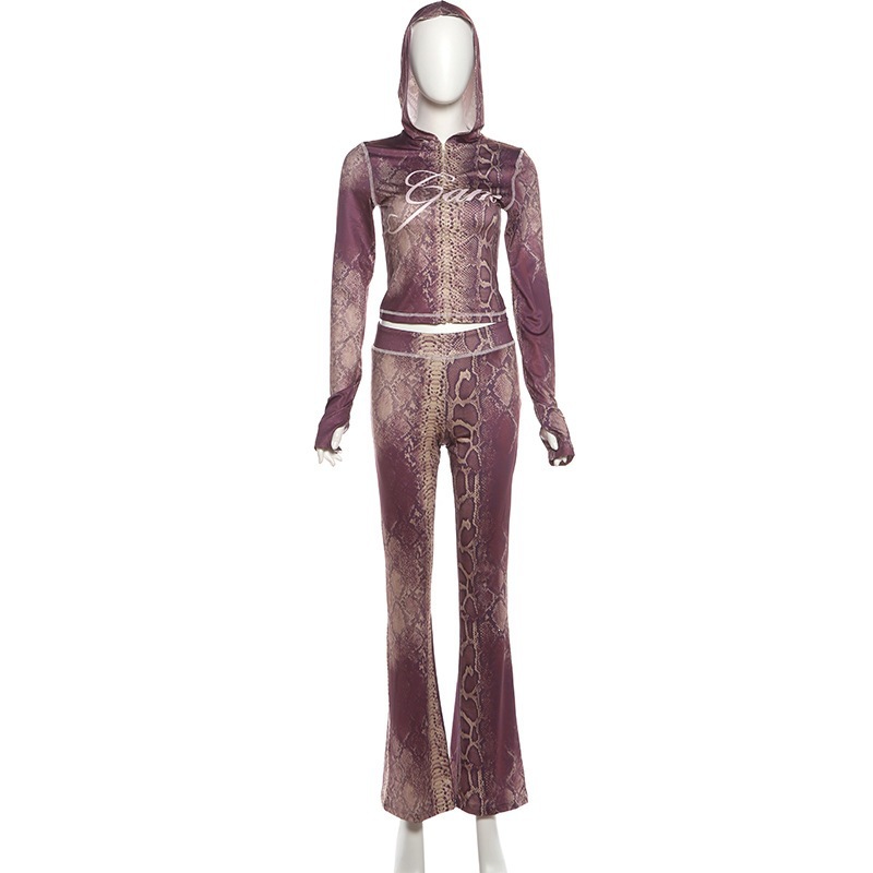 Fashion Letter Snake Print Tracksuit 2-Piece Set Woman Zip Slim Fit Crop Jackets+Pants Fall Stretch Streetwear Outfits