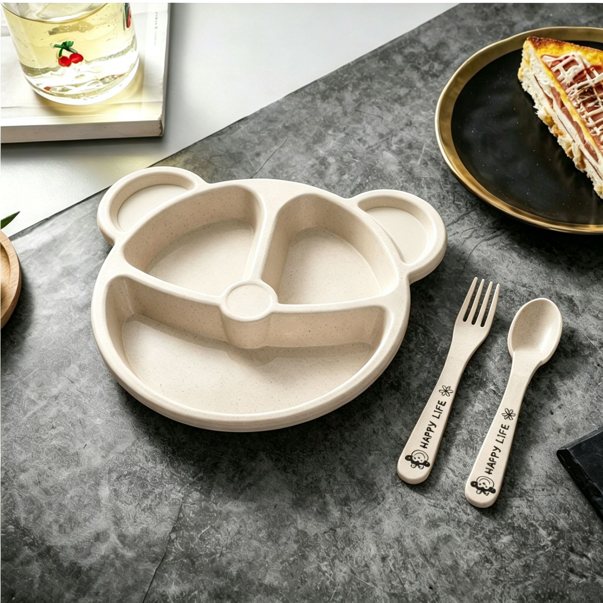 3Pcs/set Wheat Straw Baby Dishes Cartoon Tableware Set Kids Dinner Platos Baby Feeding Plate Training Bowl Spoon Fork Tableware