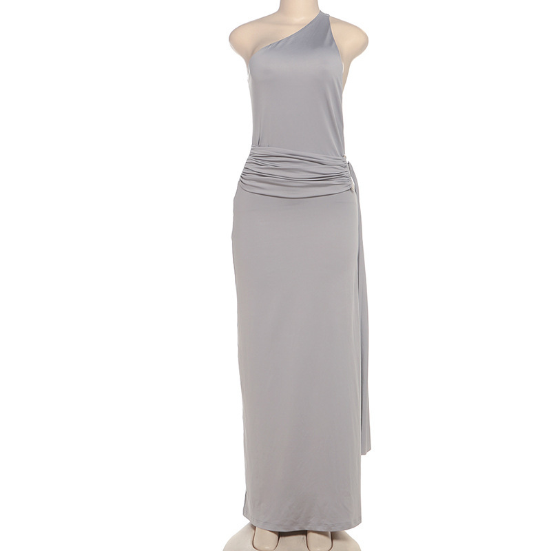Sexy Backless Dress Women Streamers Biased Collar Metal Rings Folds Sleeveless Skinny Temperament Vacation Trend Vestidos